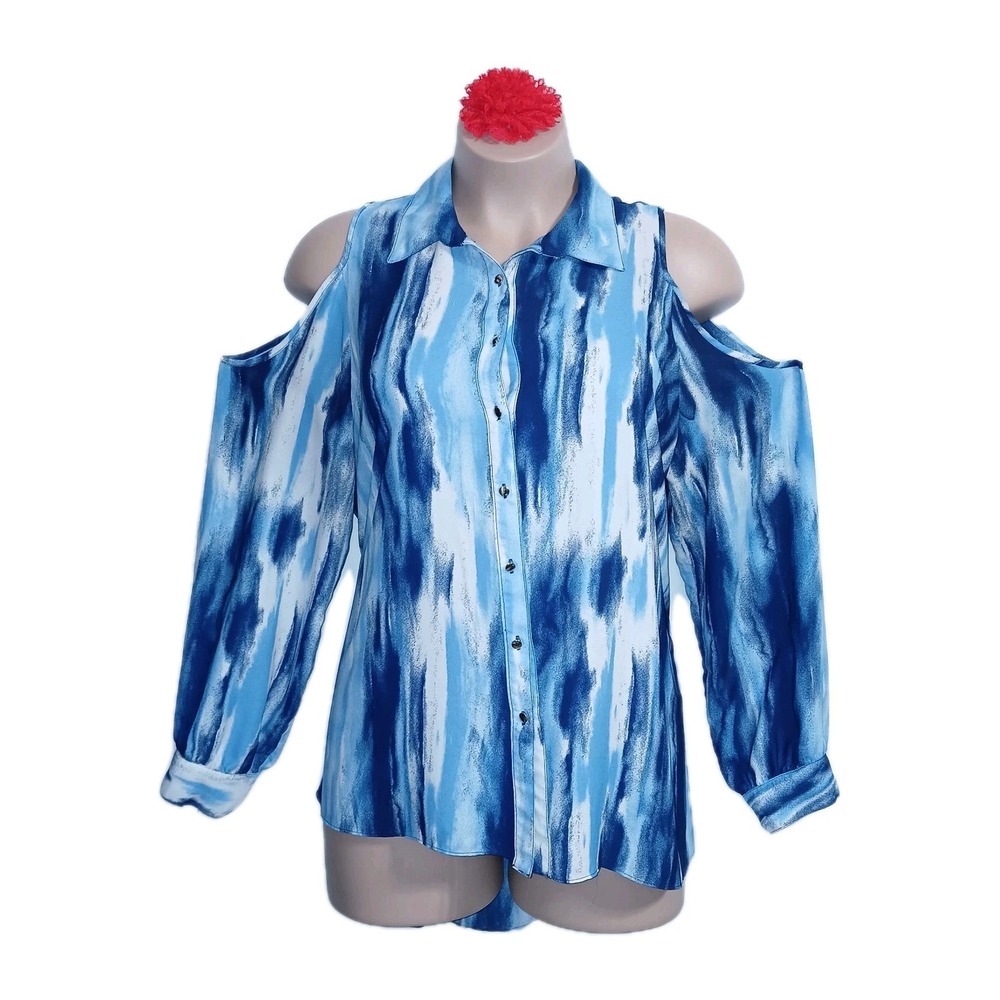 Sami & Jo Women Cold Shoulder Button Up Top 2X Shades Of Blue Coastal Beachy